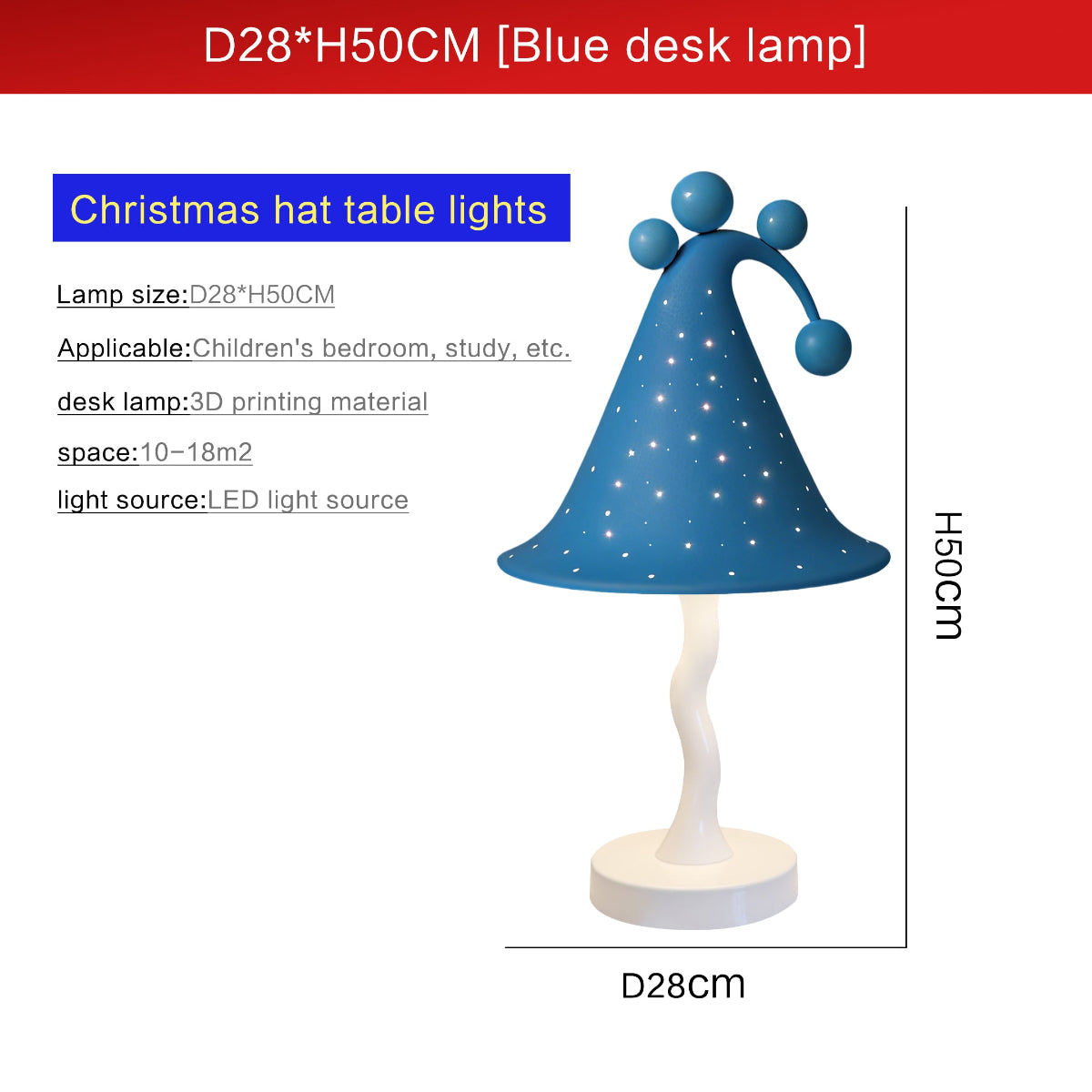 Blue Christmas hat table lamp with dimensions and product details  - QianLai Lighting Fixtures Store