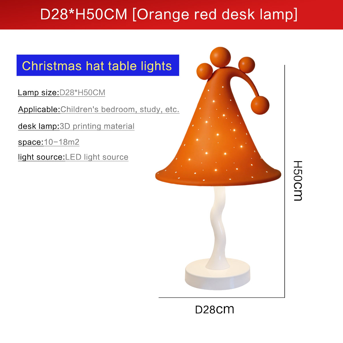 Orange red Christmas hat table lamp with dimensions and product details  - QianLai Lighting Fixtures Store
