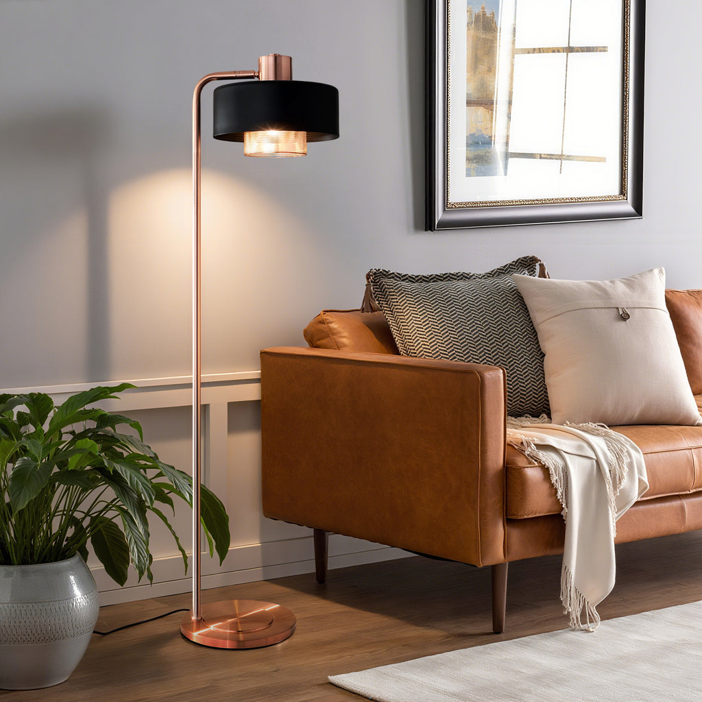 Black Lampshade And Copper Base Floor Lamp