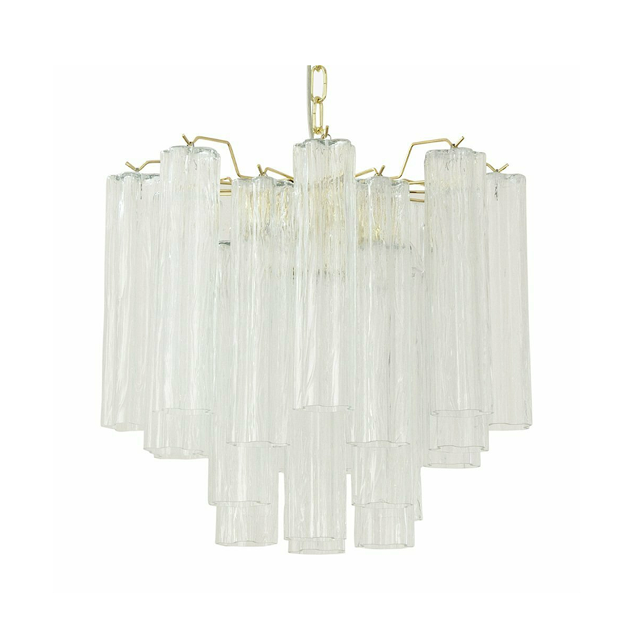 Chandelier with clear glass shades and gold accents on a white background