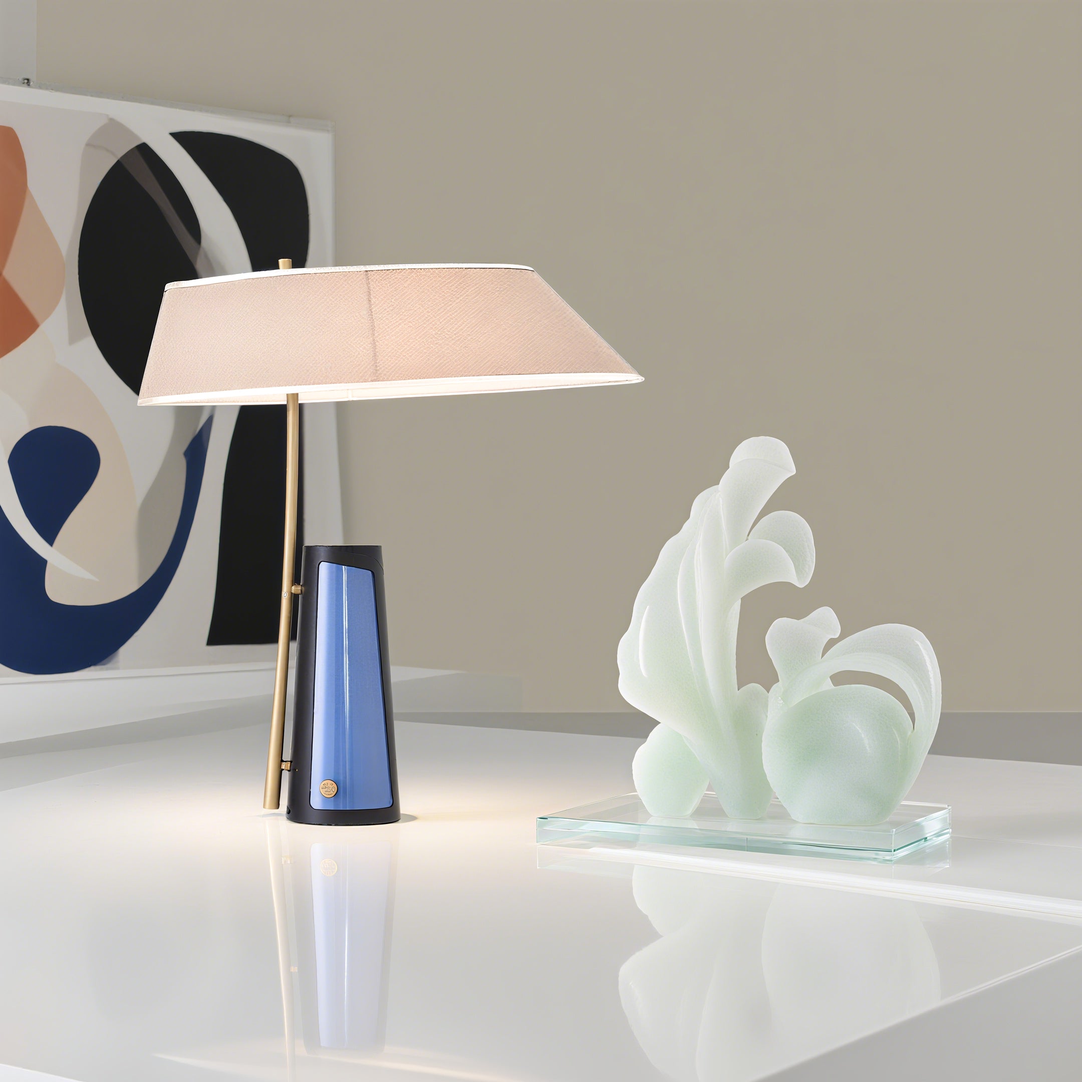 Grey Lampshade And Blue Base Lamp