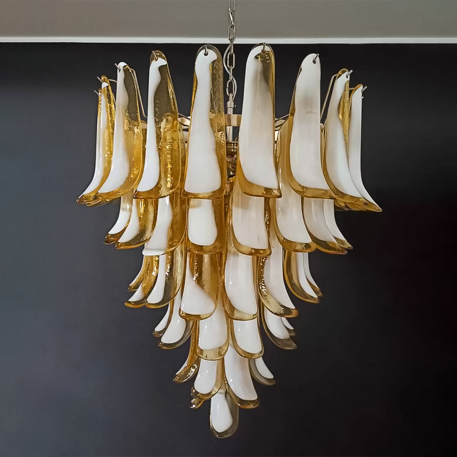 Handmade amber and white glass chandelier with elegant petal details | QianLai Lighting Fixtures Online Store
