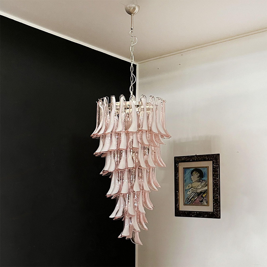 Handmade pink and clear glass chandelier with elegant petals | QianLai Lighting Fixtures Online Store