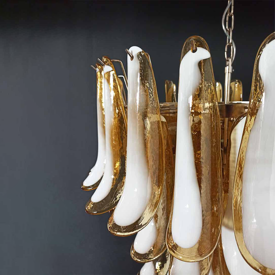 Handmade amber and white glass chandelier with elegant petal details | QianLai Lighting Fixtures Online Store
