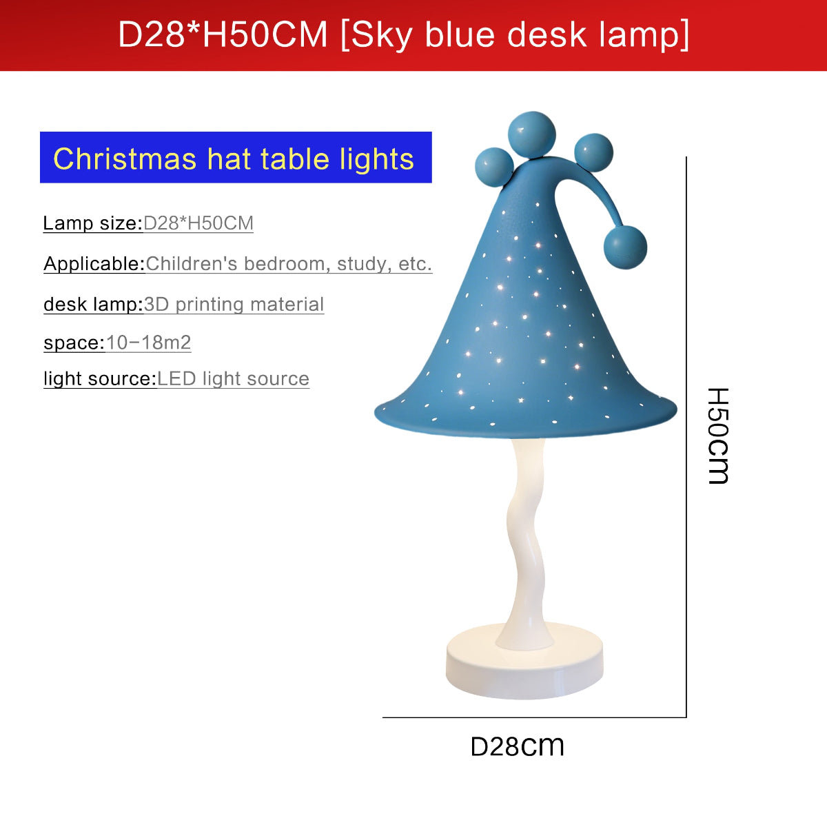Sky blue Christmas hat table lamp with dimensions and product details  - QianLai Lighting Fixtures Store
