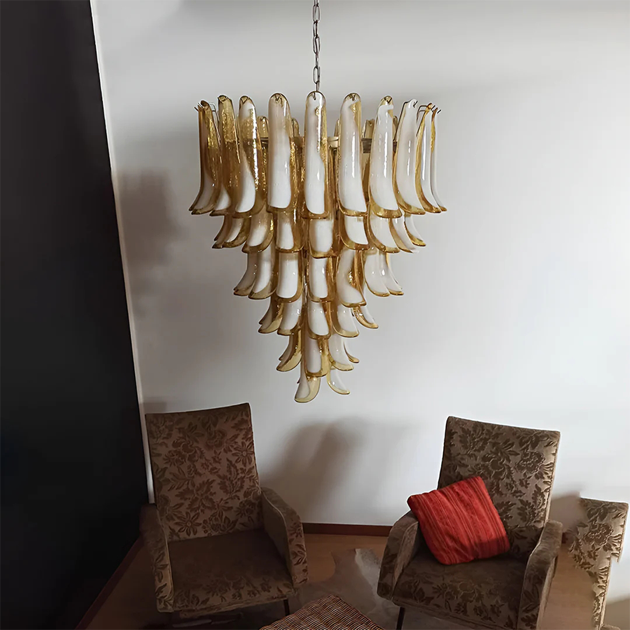 Handmade amber and white glass chandelier with elegant petal details | QianLai Lighting Fixtures Online Store