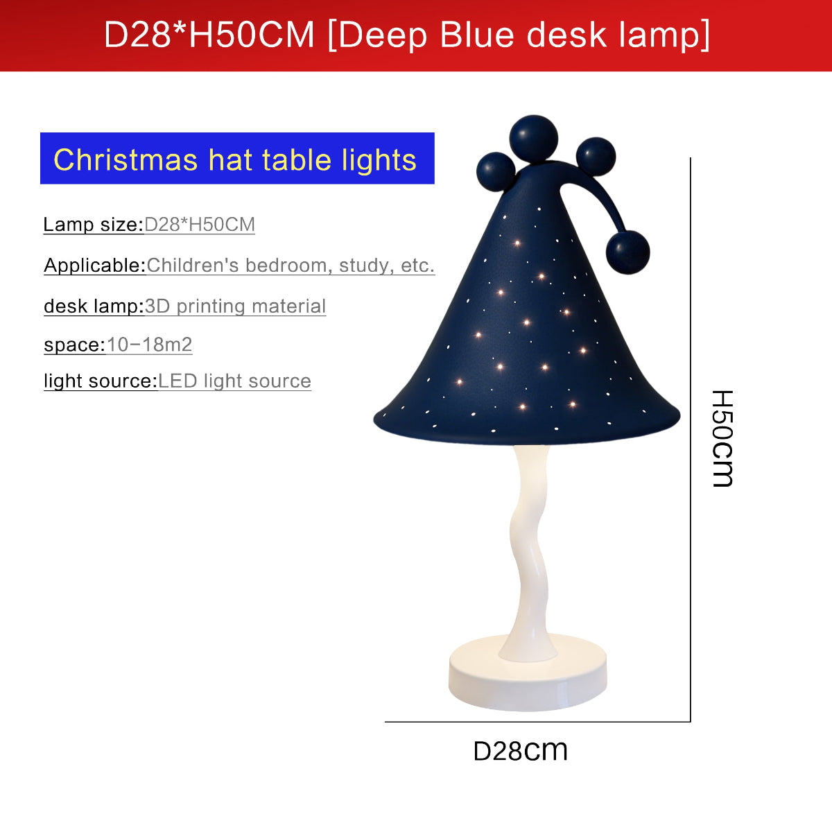 Deep blue Christmas hat table lamp with dimensions and product details  - QianLai Lighting Fixtures Store