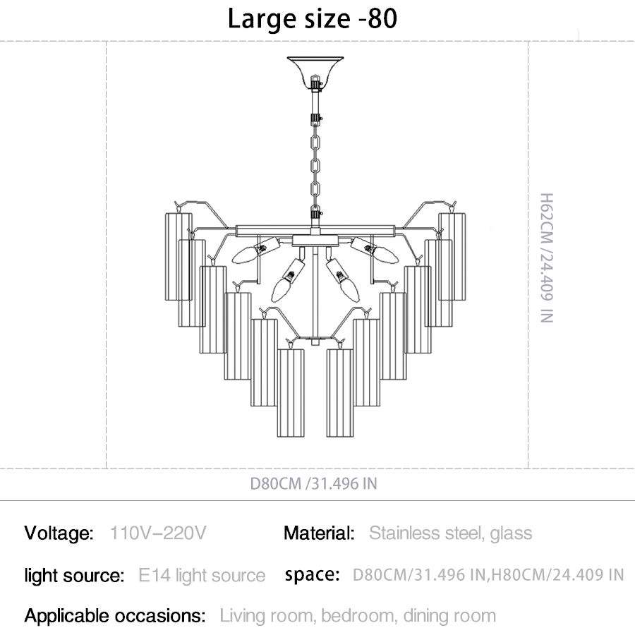 Chandelier with dimensions and specifications on a white background