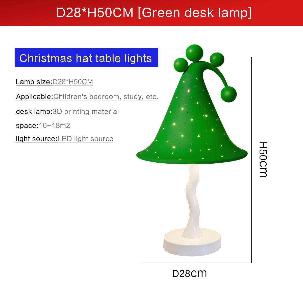Green Christmas hat table lamp with dimensions and product details  - QianLai Lighting Fixtures Store