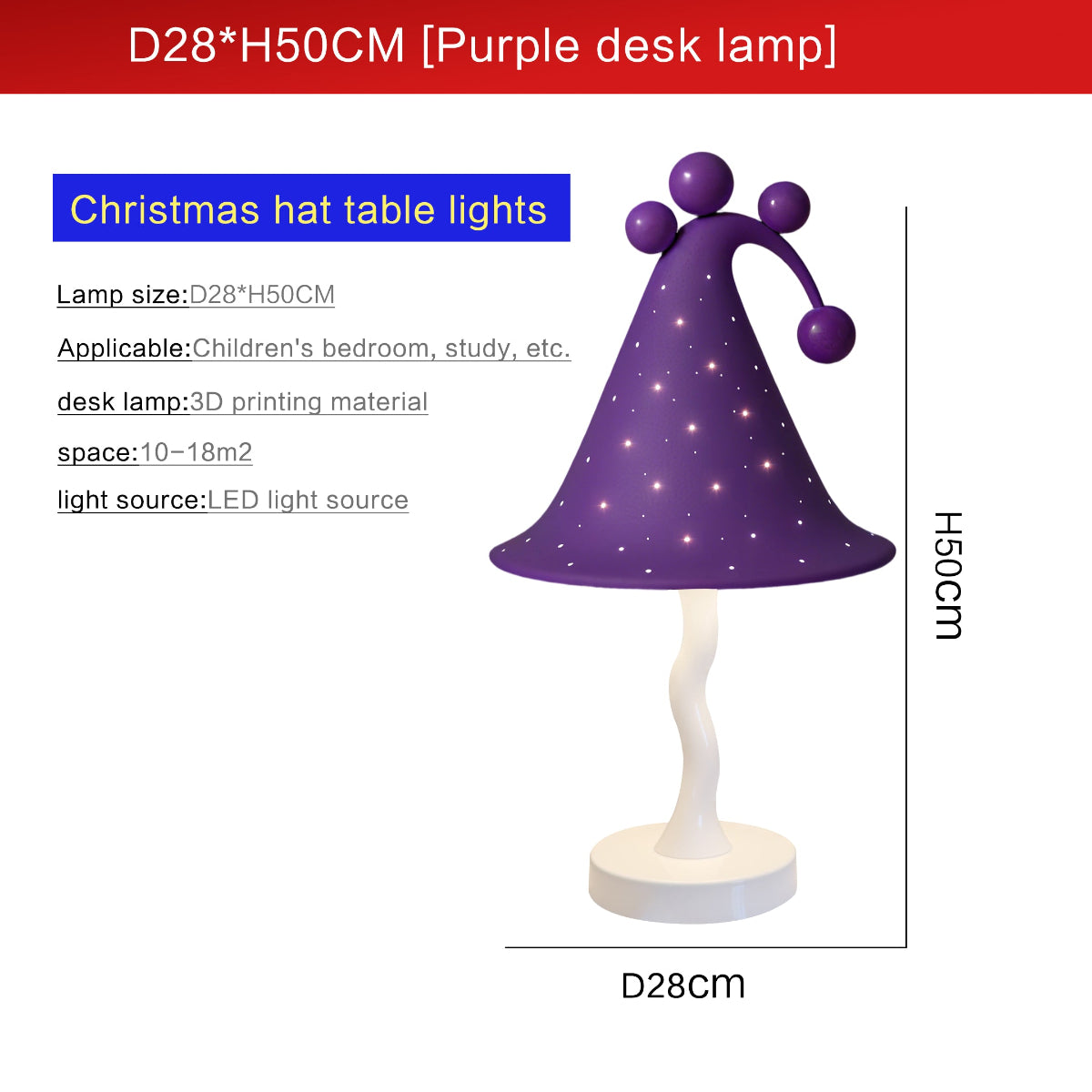 Purple Christmas hat table lamp with dimensions and product details  - QianLai Lighting Fixtures Store