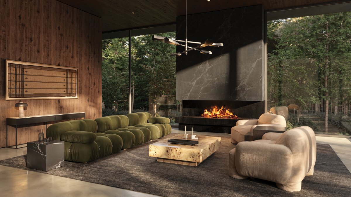 Modern living room with green sofa, beige armchair, and fireplace.