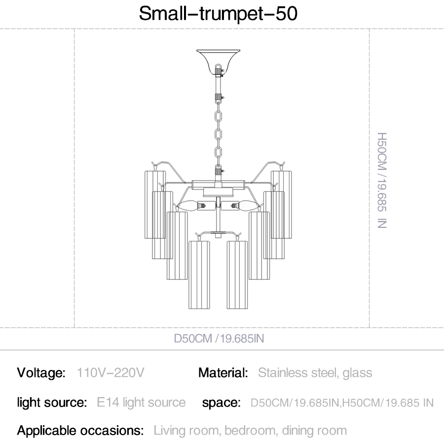 Technical drawing of a small trumpet-shaped pendant light with dimensions and specifications.