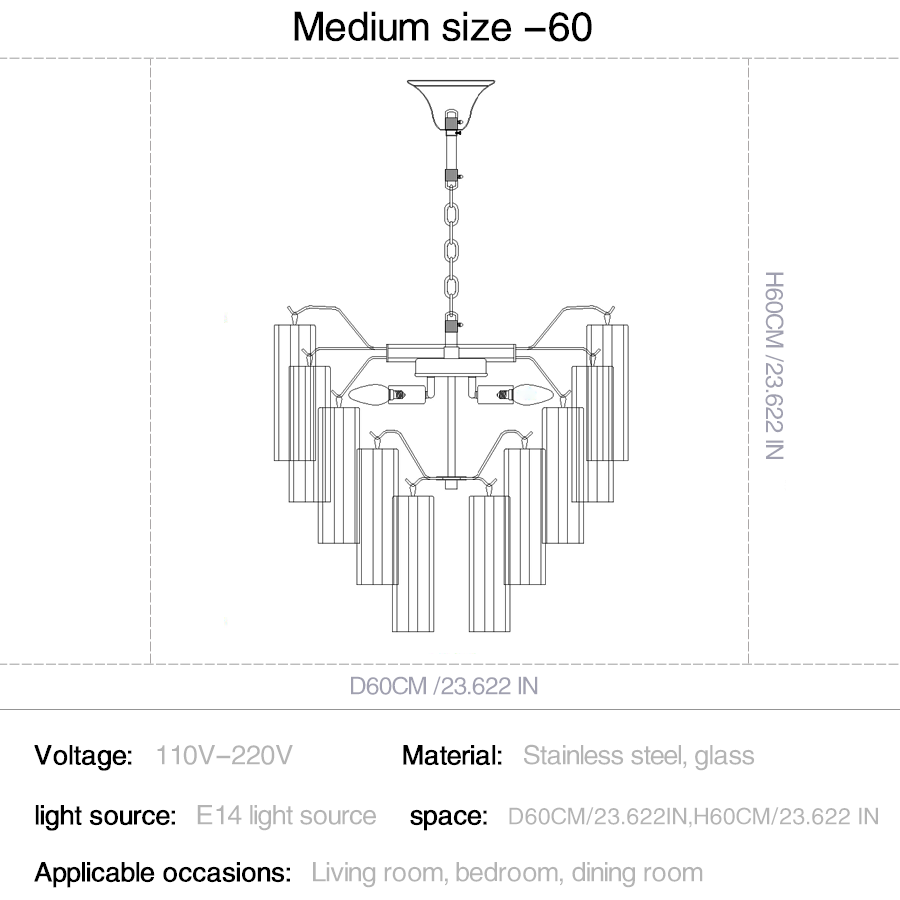 Chandelier diagram with dimensions and specifications on a white background