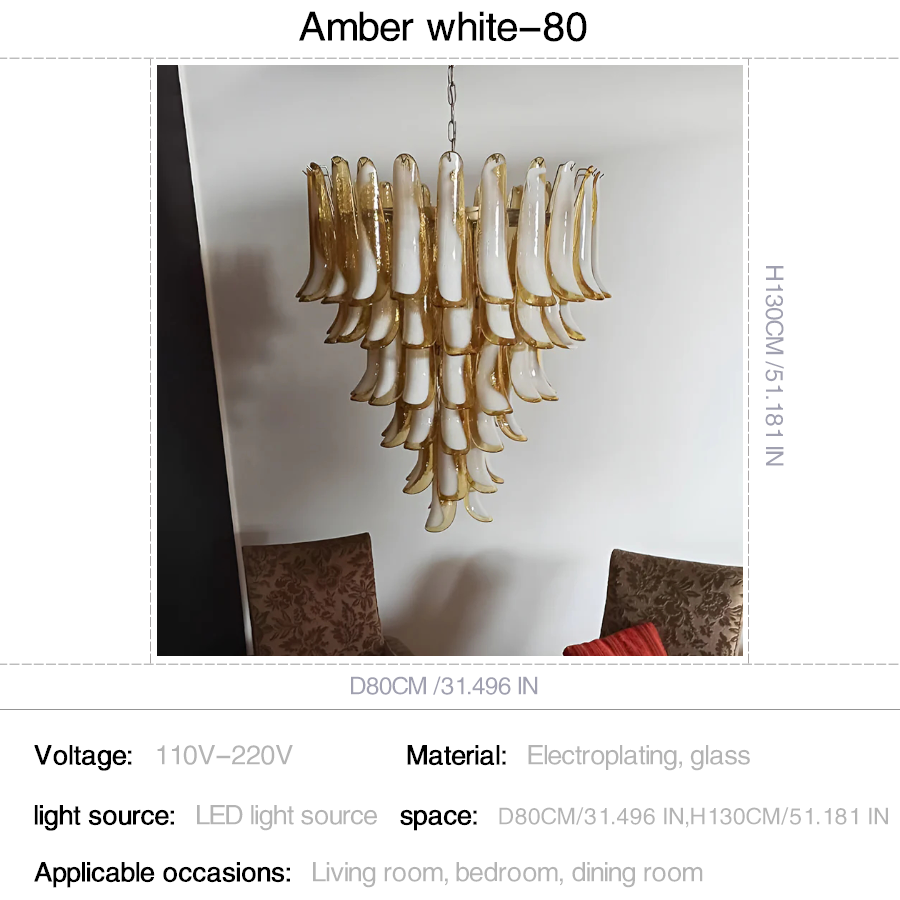 Handmade amber and white glass chandelier with elegant petal details | QianLai Lighting Fixtures Online Store