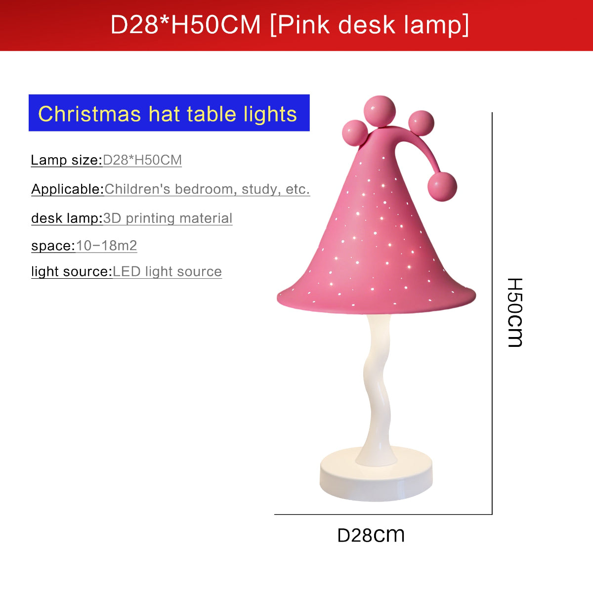 Pink Christmas hat table lamp with dimensions and product details  - QianLai Lighting Fixtures Store
